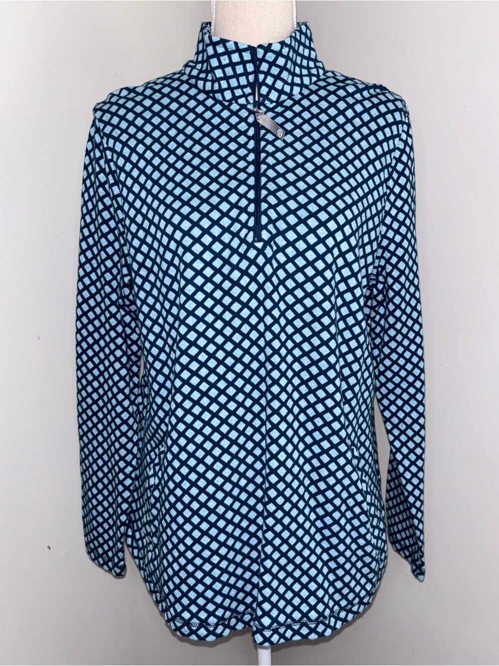 T by Talbots navy aqua blue geometric 1/4 zip soft cotton pullover top sz Large